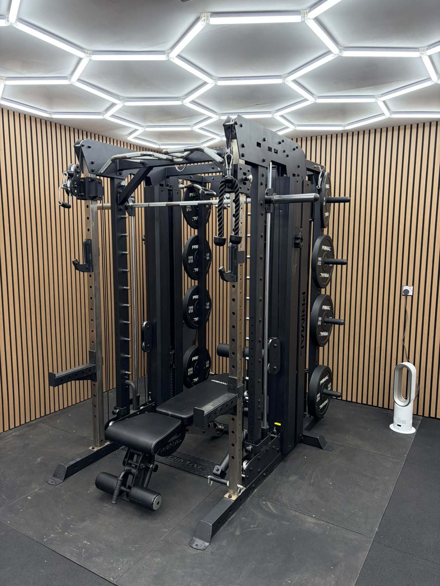 Portrait view of the full cage rack with cable pulleys, adjustable bench and stored plates against the slat wall