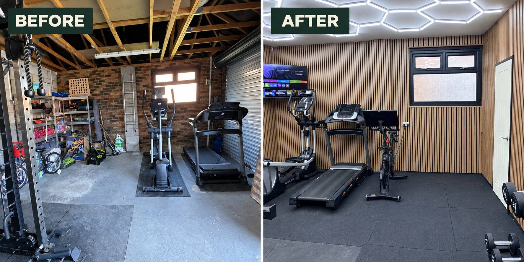 Before and after: Durham garage converted to a home gym with treadmill, cross trainer and bike on rubber flooring
