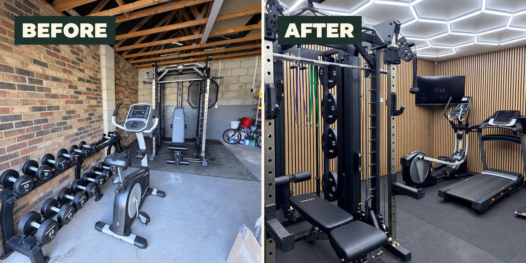 Before and after: cluttered brick garage in Durham converted to a home gym with power rack, slat wall panels and hexagon LED lighting
